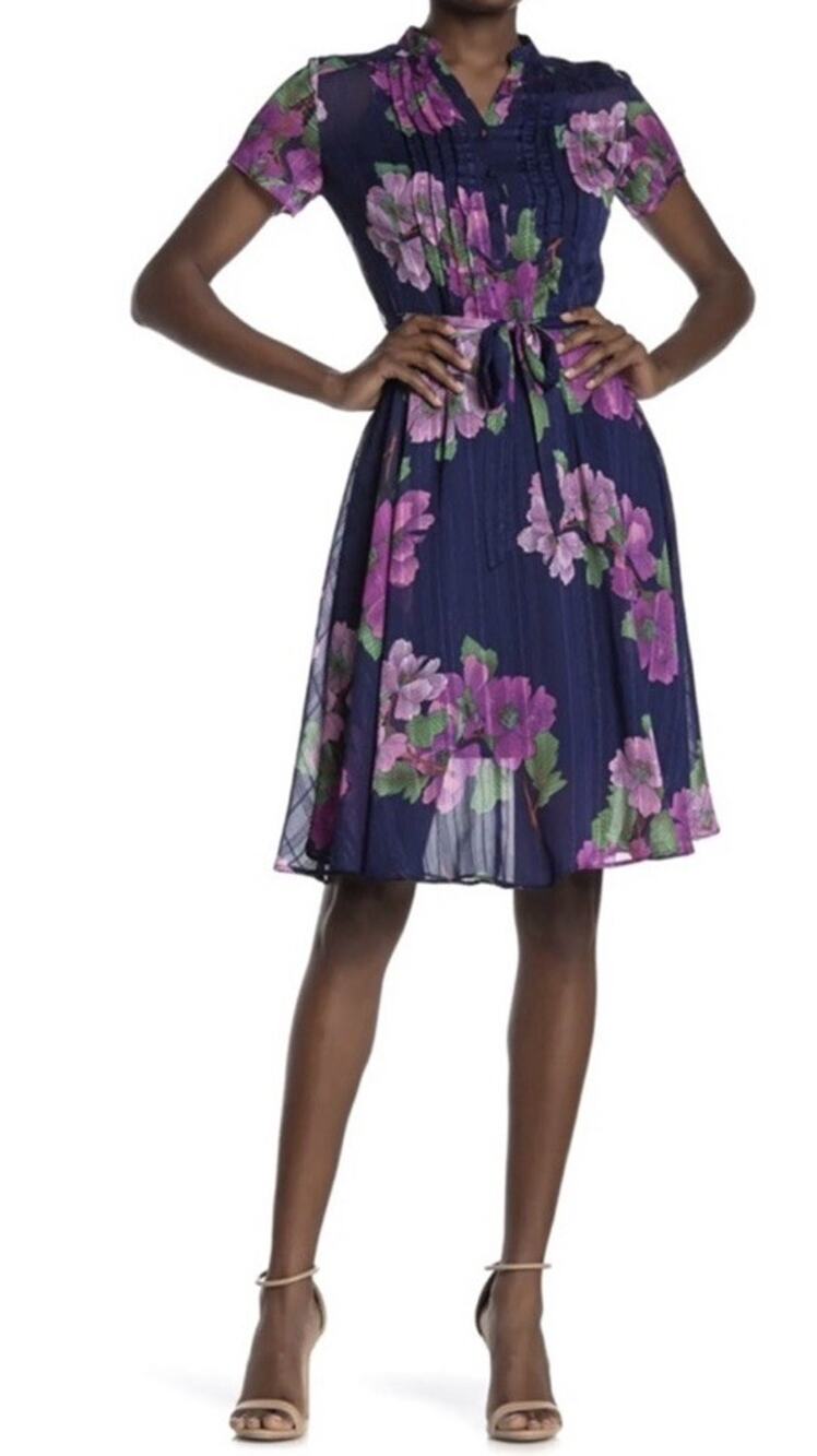 Nanette Lepore Navy Pink Floral Semi Sheer Girlie Shirt Dress *No Slip* Sz 8